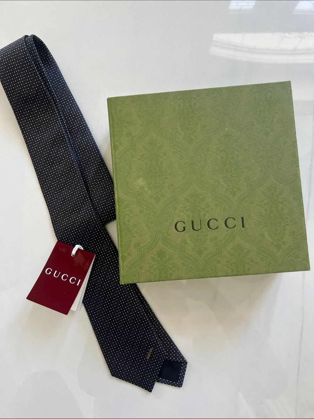 NWT Gucci Navy Silk Tie Gudots with Small White Microdots
